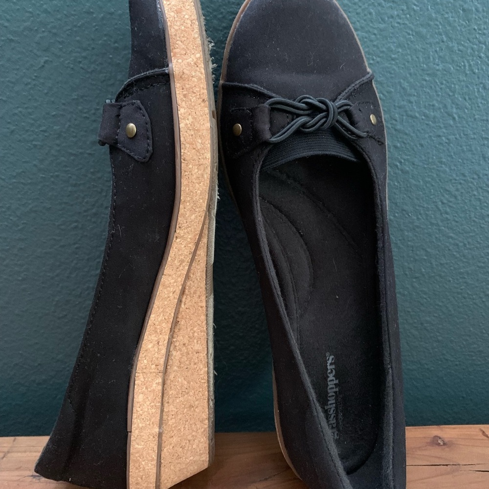 Grasshoppers Black Canvas with Cork Wedge Heel